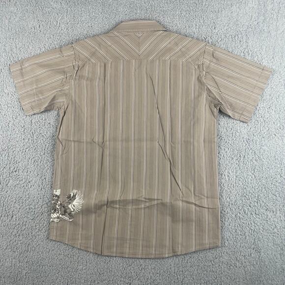 XG Prep Men's Large Brown Striped Crest Short Sleeve Button Up Shirt - Picture 13 of 16